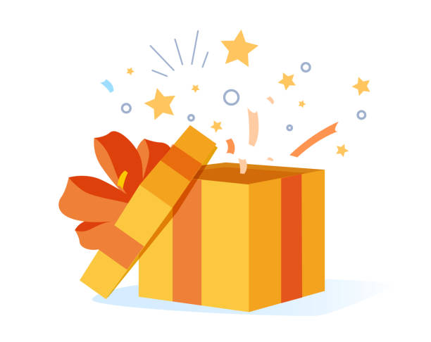 illustrations, cliparts, dessins animés et icônes de affiche de félicitations avec boîte cadeau ouverte, rubans et confettis isolés sur fond blanc. carton surprise pour l’événement. - cadeau illustrations