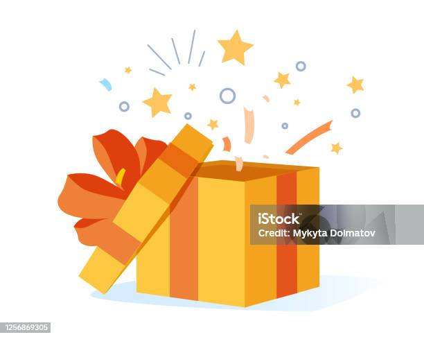 Congrats Poster With Open Gift Box Ribbons And Confetti Isolated On White Background Surprise Carton For Event Stock Illustration - Download Image Now