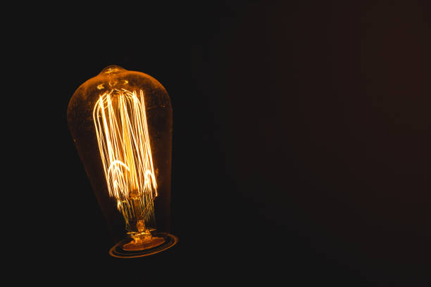istock Edison burning lamp on black background with copy space. 1256870760