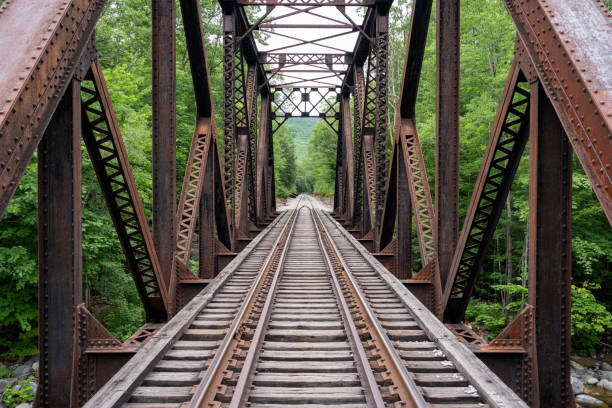 puente de celosía de ferrocarril oxidado - railway bridge fotografías e imágenes de stock