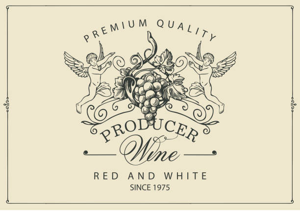 wine label with hand-drawn grapes and angels Wine label with a bunch of grapes, angels and calligraphic inscription in retro style. Vector hand-drawn label on a light background Champagne stock illustrations