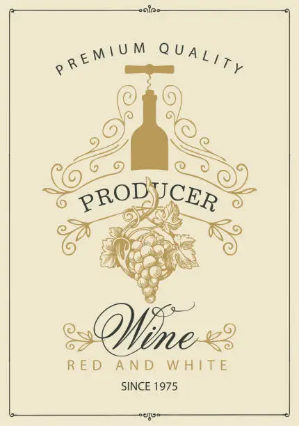 Vector illustration of wine label with a hand-drawn bunch of grapes