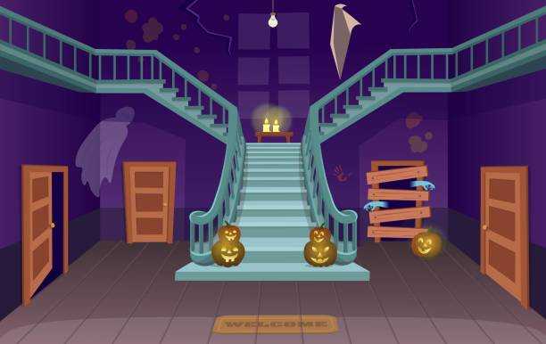 straszny dom ze schodami, duchami, drzwiami, dyniami. ilustracja wektorowa halloween ñartoon. - haunted house stock illustrations