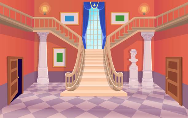 ilustrações de stock, clip art, desenhos animados e ícones de vector old hall room with stairs, doors and a window. cartoon illustration. - house column residential structure fairy tale