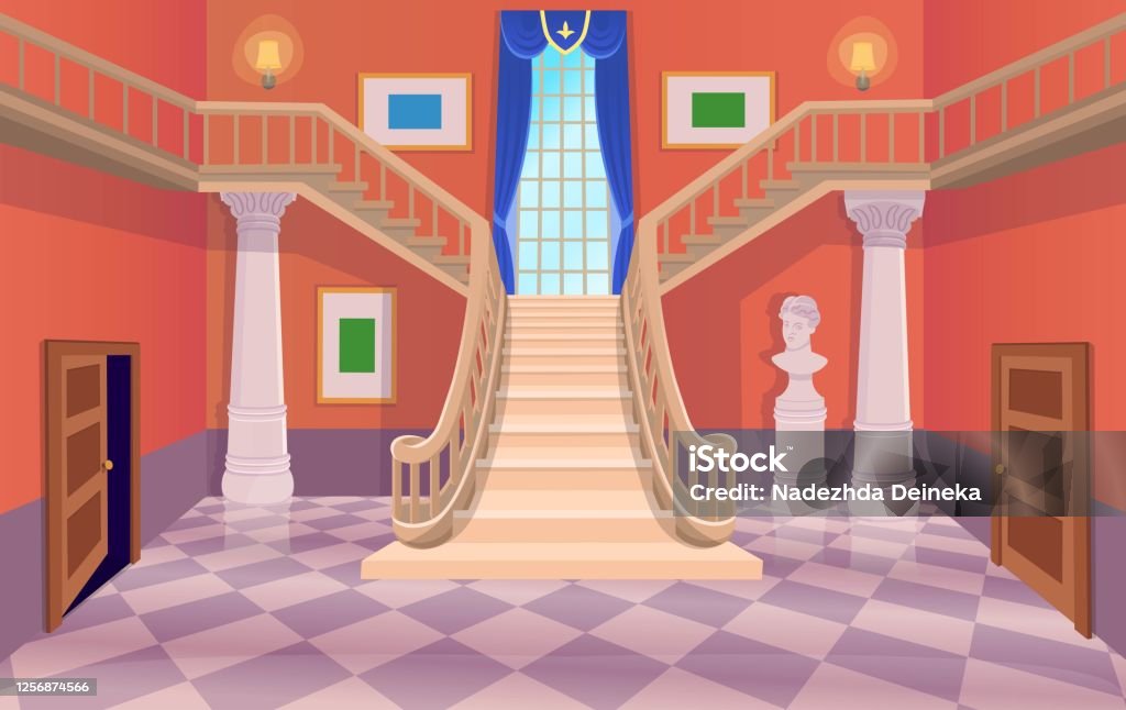 Vector Old Hall Room With Stairs Doors And A Window Cartoon Illustration  Stock Illustration - Download Image Now - iStock