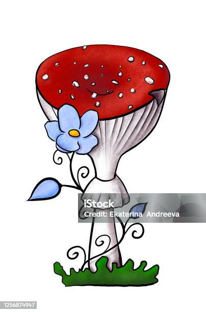 Illustration Of Redcap Fly Agaric With Blue Flower On Green Grass Handdrawn Poisonous Mushroom With Dots On Red Cap And Ring Isolated On White Dangerous Amanita Muscaria Grows In Woods And Forests Stock Illustration - Download Image Now