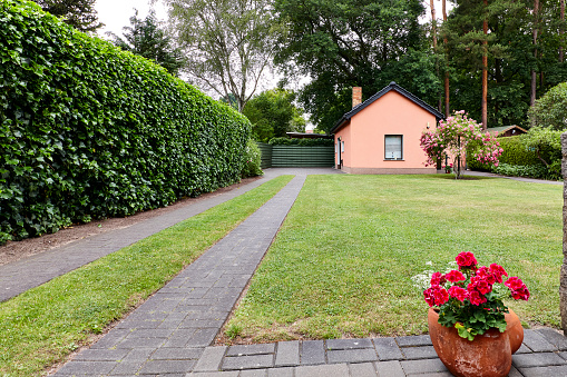 DSLR full frame image of a small private house in Germany with a view to the backyard garden