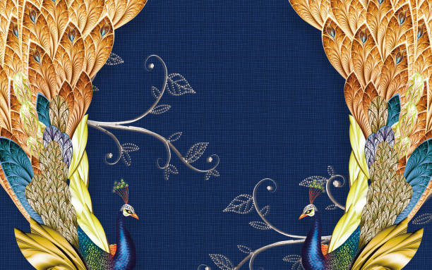 3d frames 3 pieces panels collage with beautiful background on wall with colored painted peacock and flowers and butterfly for interior decor
