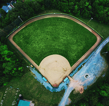 Aerial drone view of a community baseball field.