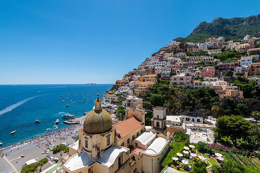 Panoramic view of Positano, a famous town at the Amalfi coast in the Tyrrhenian sea in Italy.
