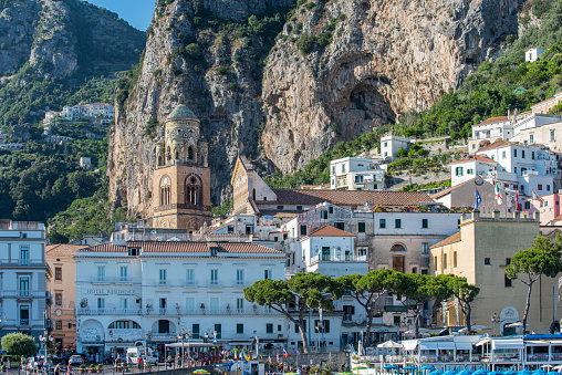 Panoramic view of Amalfi city at the Amalfi coast in the Tyrrhenian Sea, Italy.