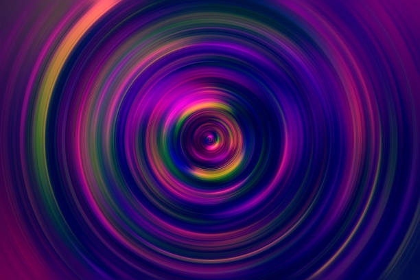 カラフルな同心円のネオンサークル渦巻きパターンリングシャイニーホログラム蛍光色めまい光の背景は、鮮やかなテクスチャクローズアップを点火 - close color ストックフォトと画像