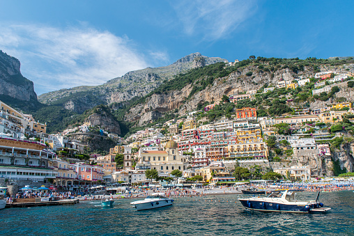 Panoramic view of Positano, a famous town at the Amalfi coast in Italy.