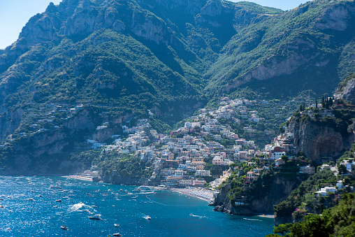 Panoramic view of Positano, a famous town at the Amalfi coast in the Tyrrhenian sea in Italy.