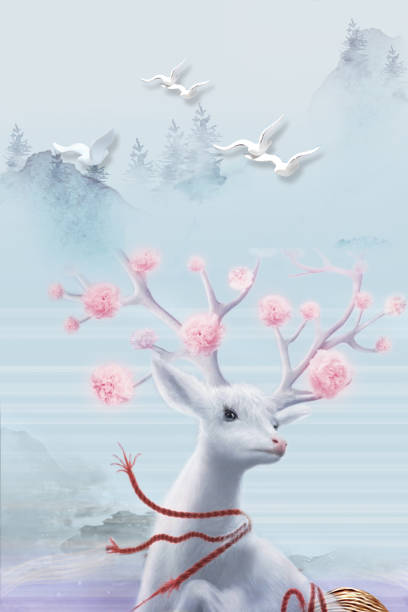 istock 3d mural wallpaper  background . flowers branches, deer  butterfly and clouds. Antelope . birds ,mountain, tree , sun in background . Suitable for use on a wall frame 1256884334