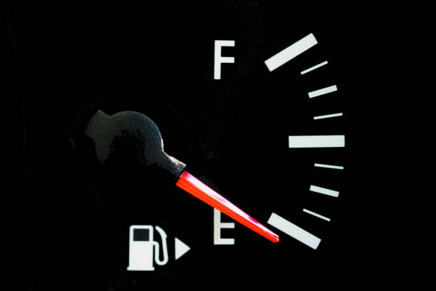 istock Car Fuel Gauge Showing Empty, close up 1256884638