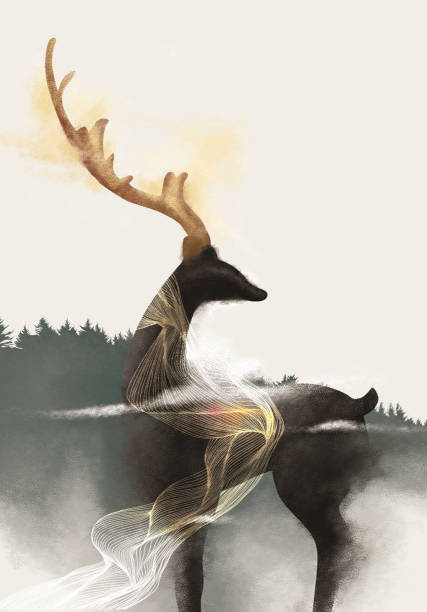 istock 3d mural wallpaper  background . flowers branches, deer  butterfly and clouds. Antelope . birds ,mountain, tree , sun in background . Suitable for use on a wall frame 1256884676