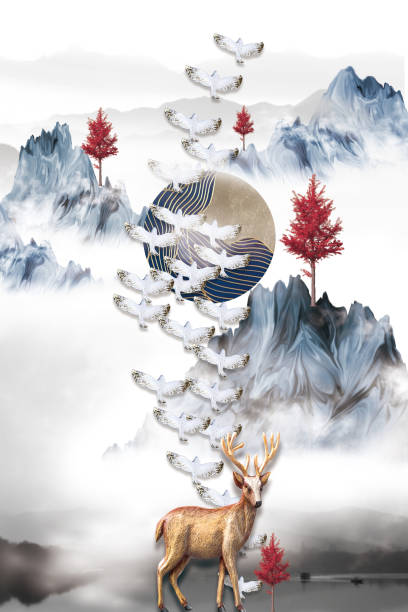 istock 3d mural wallpaper  background . flowers branches, deer  butterfly and clouds. Antelope . birds ,mountain, tree , sun in background . Suitable for use on a wall frame 1256885352