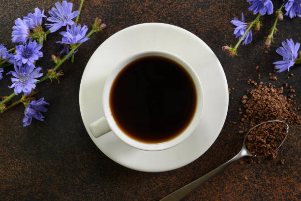 istock Useful chicory drink and flowers. Healthy herbal beverage, coffee substitute. Top view. 1256885394