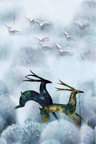 3d mural wallpaper  background . flowers branches, deer  butterfly and clouds. Antelope . birds ,mountain, tree , sun in background . Suitable for use on a wall frame