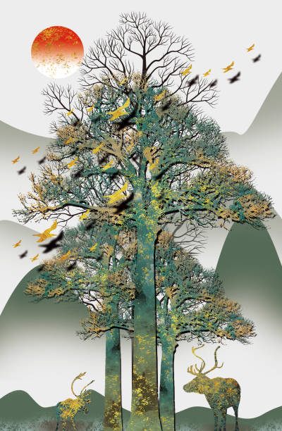istock 3d mural wallpaper  background . flowers branches, deer  butterfly and clouds. Antelope . birds ,mountain, tree , sun in background . Suitable for use on a wall frame 1256885965
