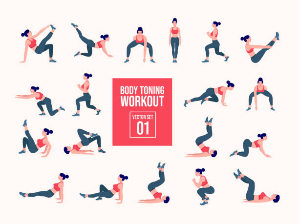 ilustrações de stock, clip art, desenhos animados e ícones de workout girl set. woman doing fitness and yoga exercises. lunges and squats, plank and abc. full body workout. - athlete muscular build yoga female