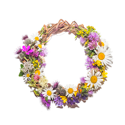 Wreath of wild flowers isolated on a white background