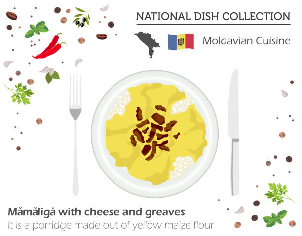 Moldova Cuisine. European national dish collection. Moldavian mamaliga with cheese and greaves isolated on white, infographic. Moldova Cuisine. European national dish collection. Moldavian mamaliga with cheese and greaves isolated on white, infographic. Vector illustration mamaliga stock illustrations