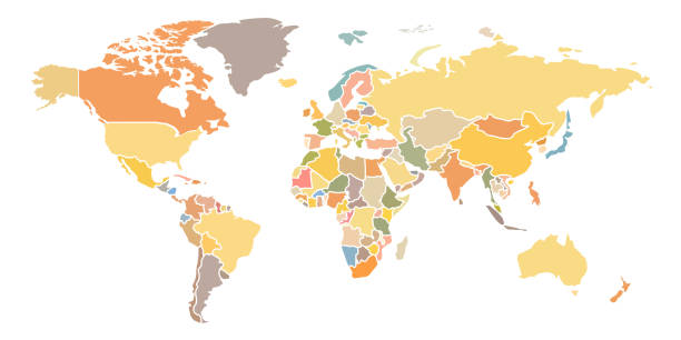 istock A simplified color map of the world. Stylized generalized blue card on a white background. In flat style. Website template, design, cover. Australia, Asia, America, Europe, Africa. Vector 1256891484