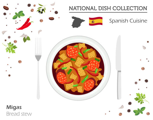 Spanish Cuisine. European national dish collection. Bread stew isolated on white, infographic Spanish Cuisine. European national dish collection. Bread stew isolated on white, infographic. Vector illustration spanish food stock illustrations