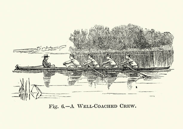 Vintage illustration of Coxed four rowing, well coached crew, Victorian 19th Century sports
