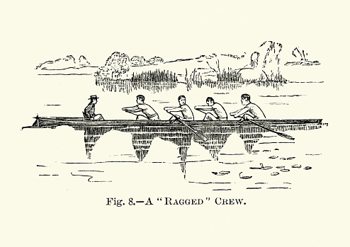 Vintage illustration of Coxed four rowing, Ragged crew, Victorian 19th Century sports