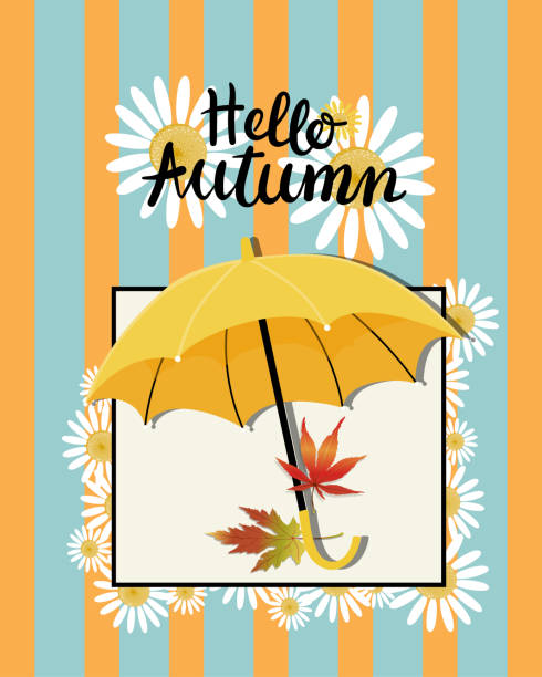 vektor-banner mit hallo herbst mit blau und orange gestreift, gänseblümchen blumen, umbellar und ahornblätter fallen auf den boden, vektor-illustration für herbst oder herbst jahreszeiten hintergrundbanner, poster, verkauf und flyer - rain cute falling water raindrop stock-grafiken, -clipart, -cartoons und -symbole