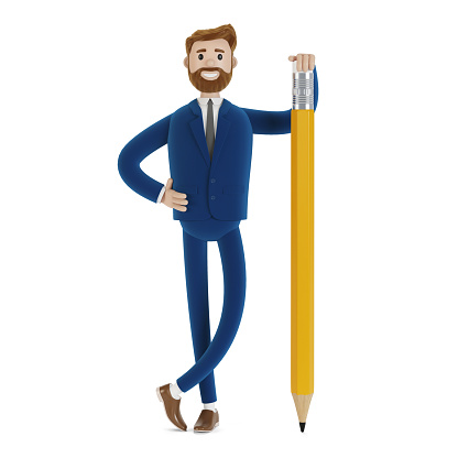 Cartoon character with a pencil. 3D illustration.