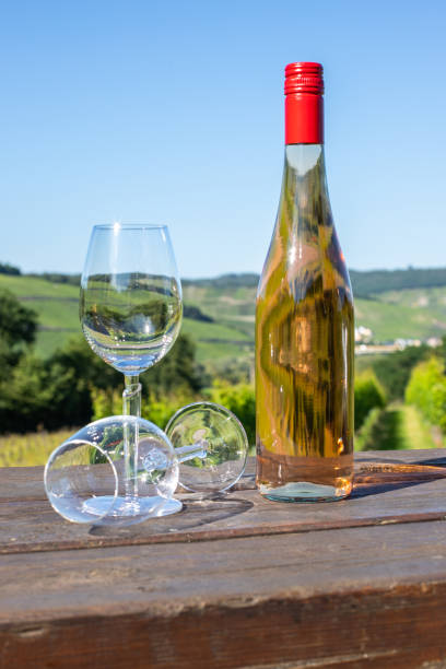 istock Wine bottle with glasses on wooden table 1256900471