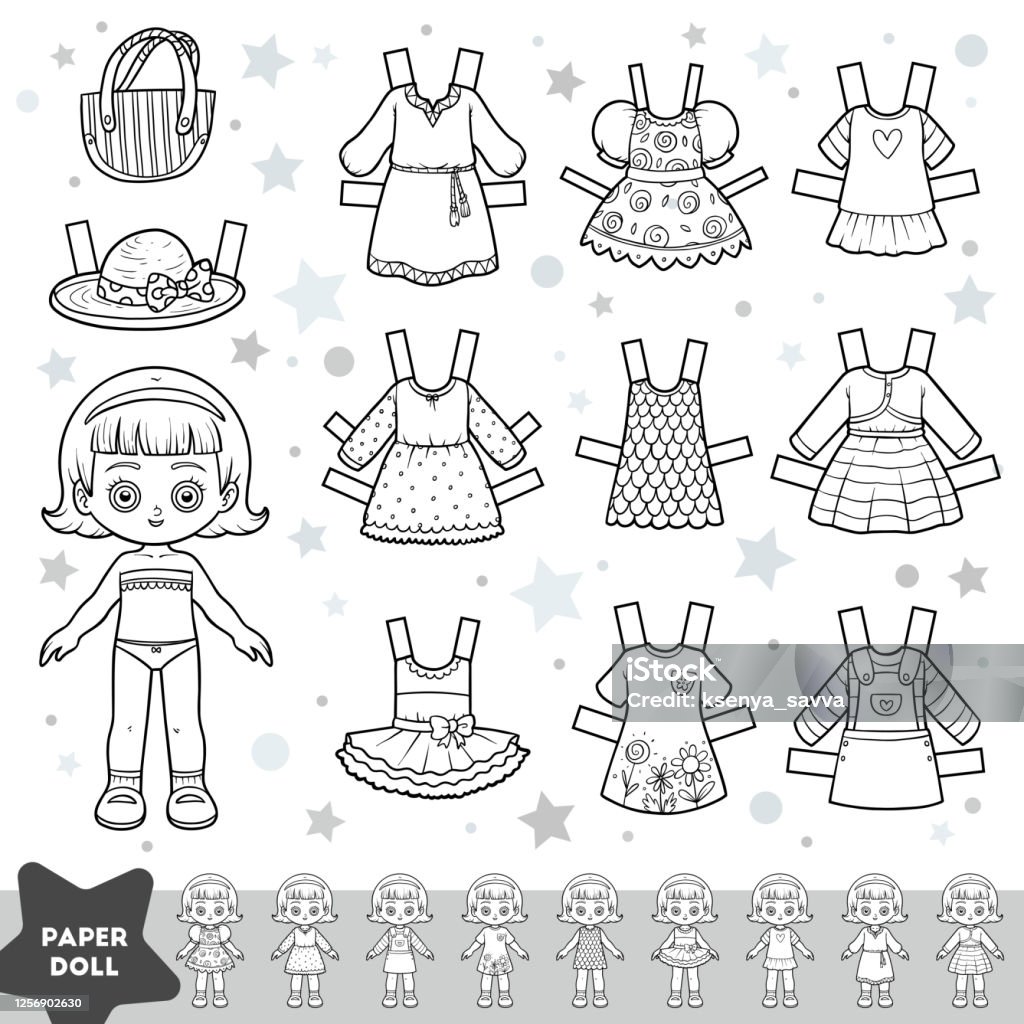 Conjunto de desenhos animados preto e branco, boneca de papel bonito e  conjunto de roupas de verão imagem vetorial de ksenya_savva© 338819642