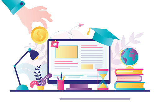 Workplace with modern computer and stacks of books. Hand holding gold coin. Investing in education. Knowledge,online courses. Investment banner, student loans, scholarships. Trendy vector illustration