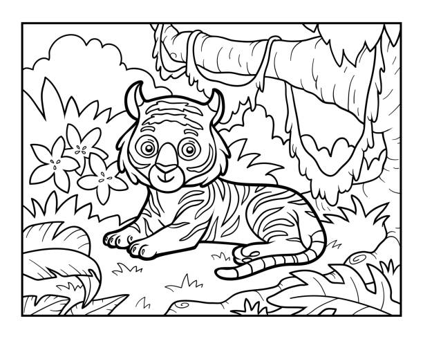 Coloring Book For Children Tiger In The Jungle Stock Illustration -  Download Image Now - Animal, Black Color, Tropical Climate - iStock