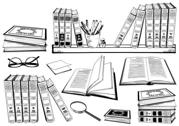 satz von büchern, gläser und bücherregal. - book titles shelf library stock-grafiken, -clipart, -cartoons und -symbole