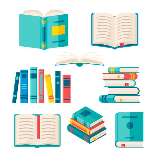 seperangkat buku kertas dengan penutup keras berwarna-warni terisolasi pada latar belakang putih. ilustrasi vektor datar. tumpukan literatur dengan bookmark. - buku ilustrasi stok