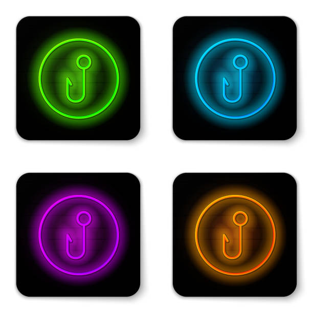 Glowing neon line Fishing hook icon isolated on white background. Fishing tackle. Black square button. Vector Glowing neon line Fishing hook icon isolated on white background. Fishing tackle. Black square button. Vector barb feather part stock illustrations