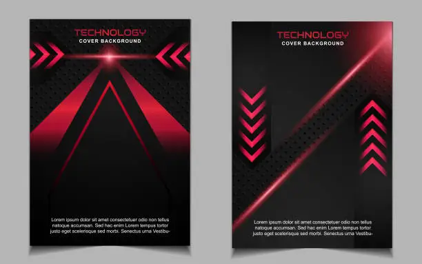 Vector illustration of Abstract futuristic cover a4 background template with red technology style concept on black shapes.