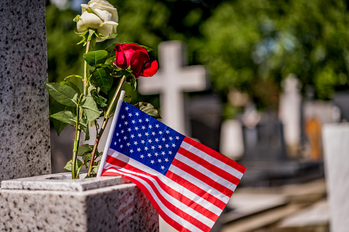 Memorial Day.Rose on tombstone. Red and White  roses on grave. Love - loss. Flower on memorial stone close up. Tragedy and sorrow for the loss of a loved one. Memory. Gravestone with withered rose