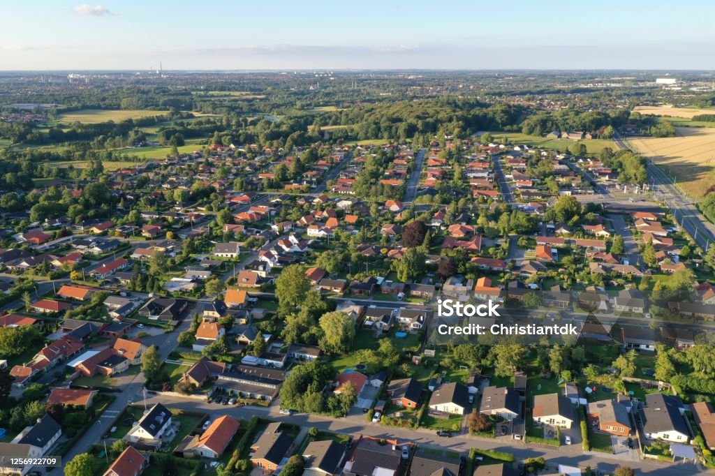Aerial view of houses Aerial view of houses in Odense, Denmark Denmark Stock Photo