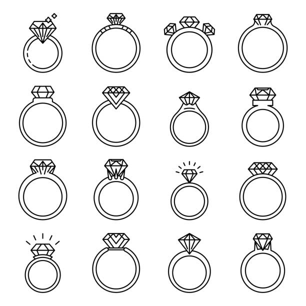 Diamond ring icons set, outline style Diamond ring icons set. Outline set of diamond ring vector icons for web design isolated on white background diamond ring stock illustrations
