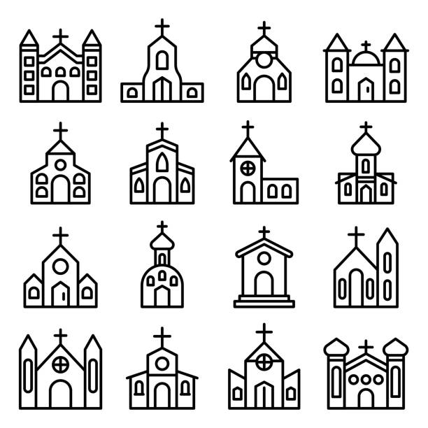 Church icons set, outline style Church icons set. Outline set of church vector icons for web design isolated on white background Abbey stock illustrations