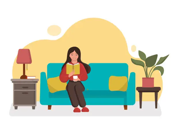 Vector illustration of girl sitting on a couch with coffee and book