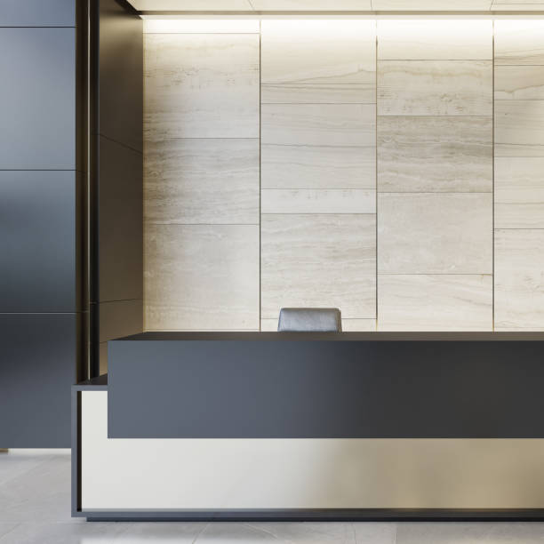 istock Reception desk luxurious open space interior with marble tiles with copy space 1256933258