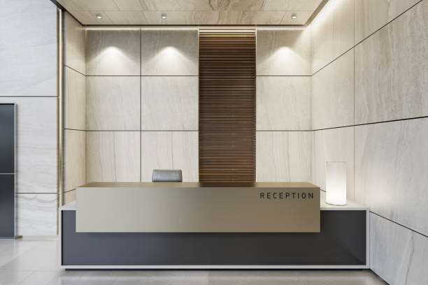 istock Reception desk luxurious open space interior with marble tiles with copy space 1256933278