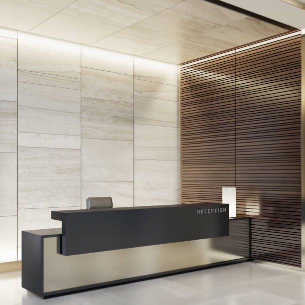 istock Reception desk luxurious open space interior with marble tiles with copy space 1256933288
